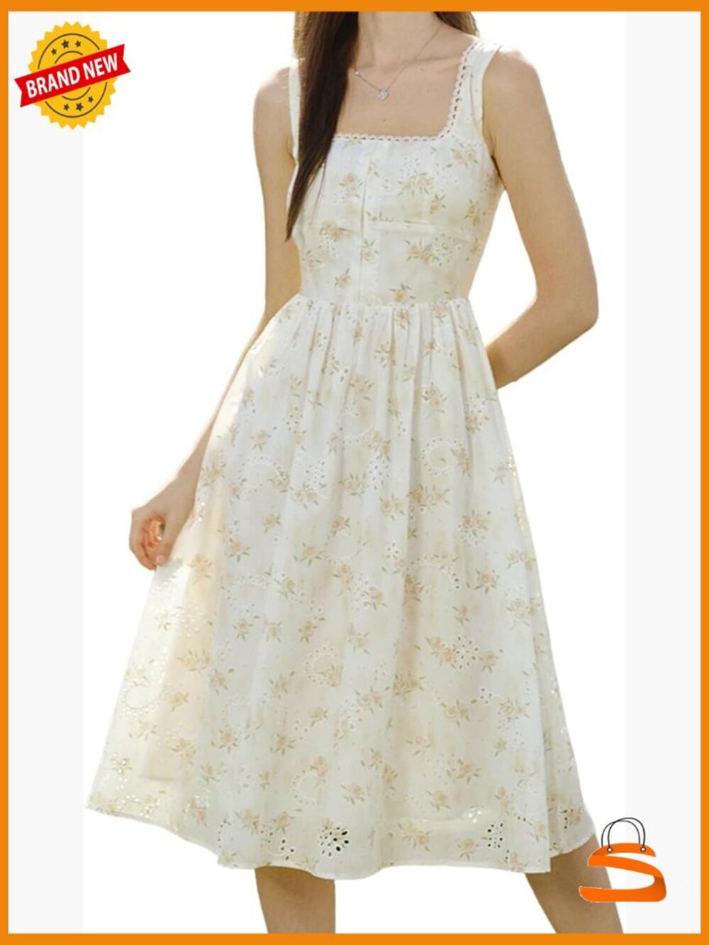 Square Neck Floral Midi Sundress Sleeveless A Line Tea Party Dress